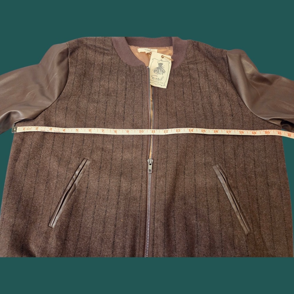 Easel Sz M (L) Vegan Leather Brown Bomber Wool Pinstripe‎ - Picture 7 of 8